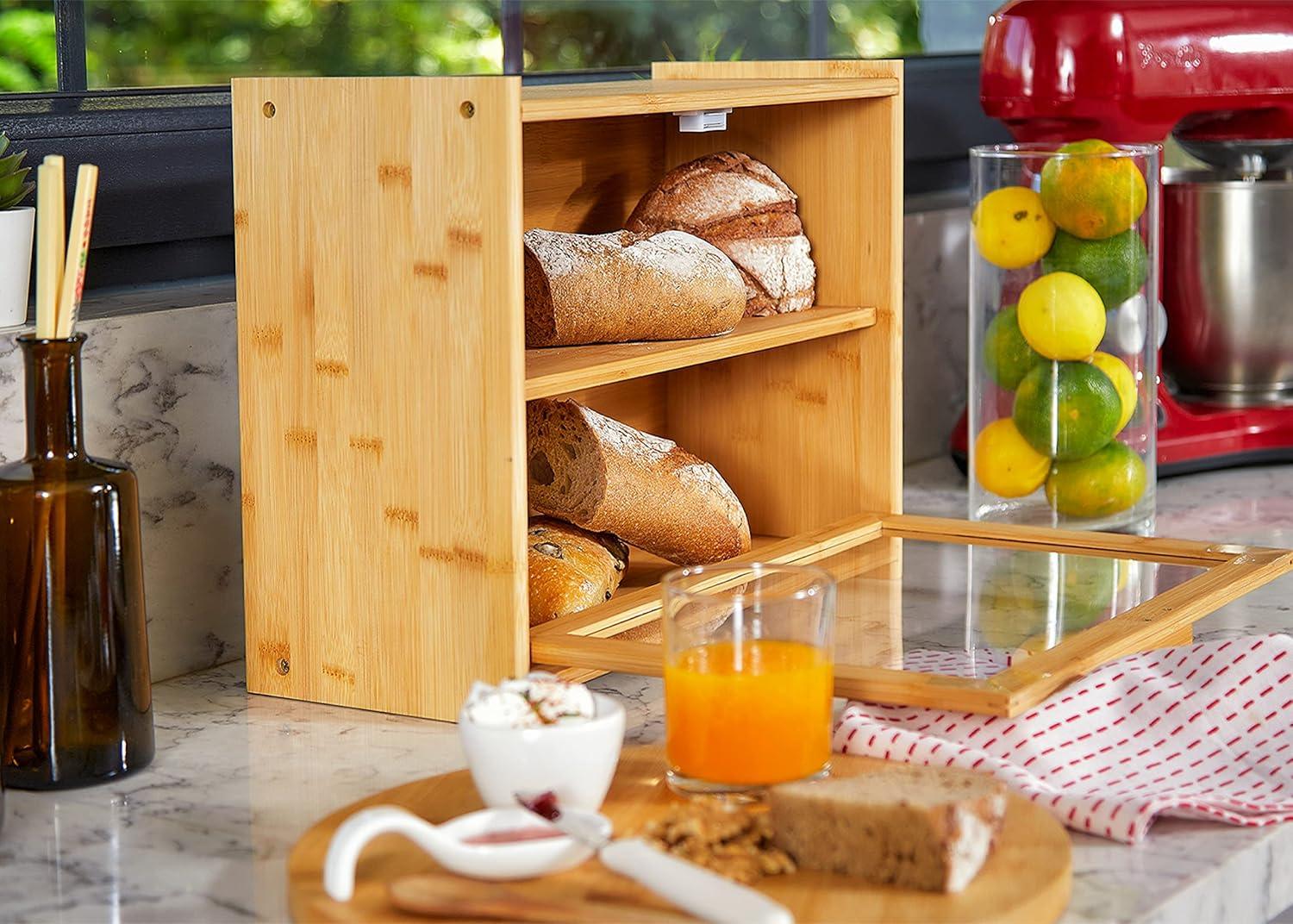 Double Layer Bamboo Bread Box for Kitchen Counter with Large Capacity and Transparent Window - Mekamart Australia