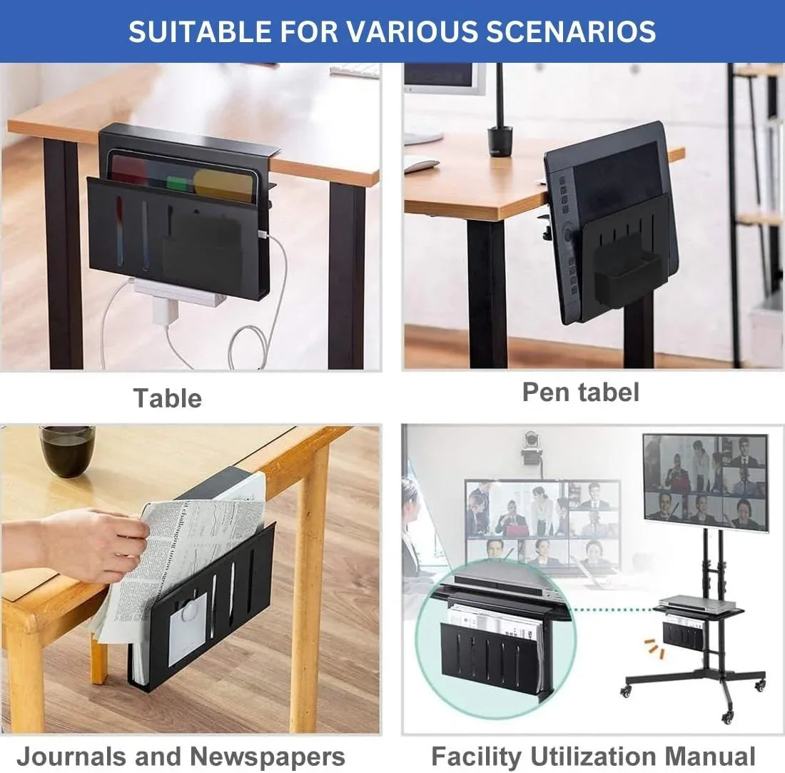 Under Desk Side Laptop Holder Storage with No Drill Cable Management Tray and Pen Storage for Office and Home - Mekamart Australia