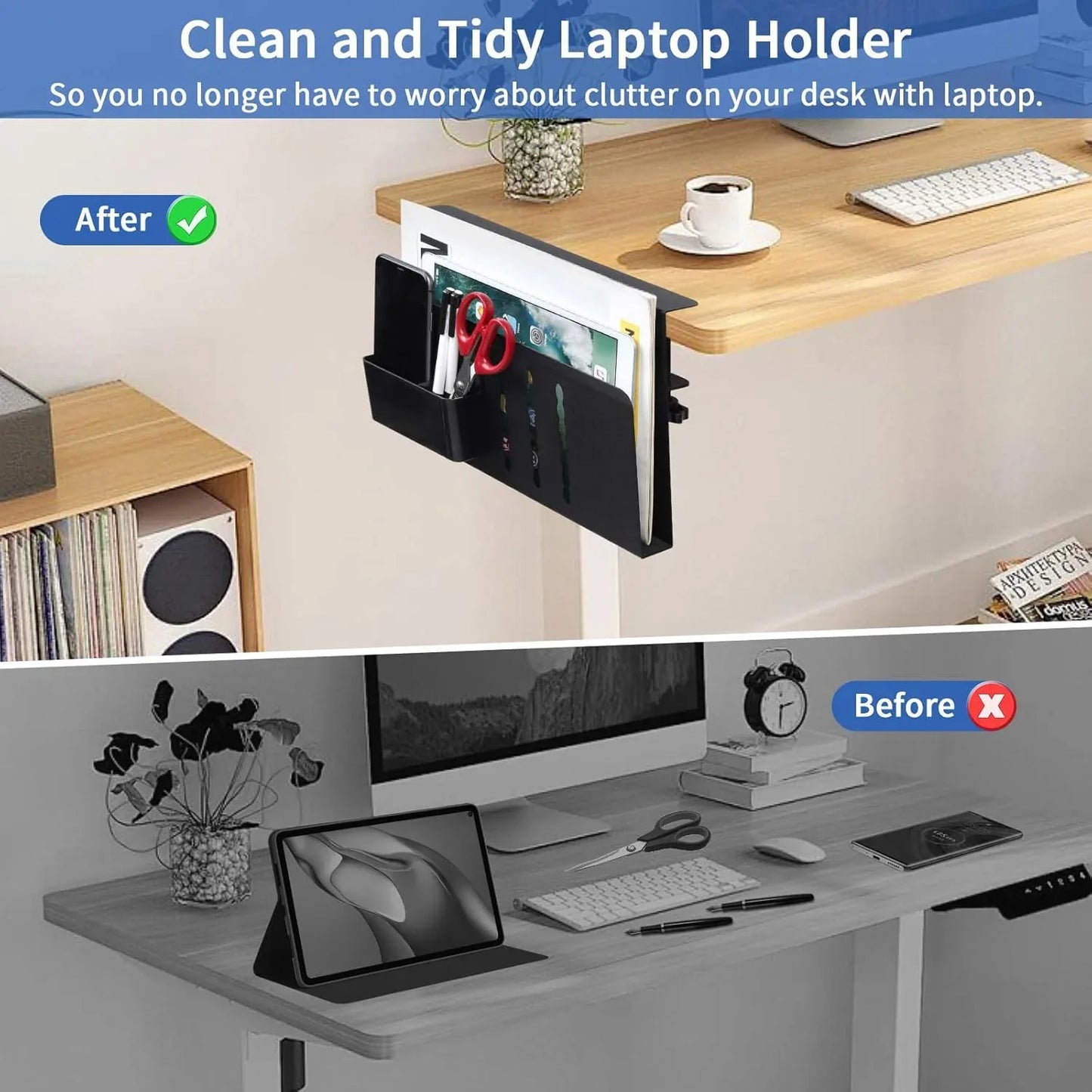 Under Desk Side Laptop Holder Storage with No Drill Cable Management Tray and Pen Storage for Office and Home - Mekamart Australia