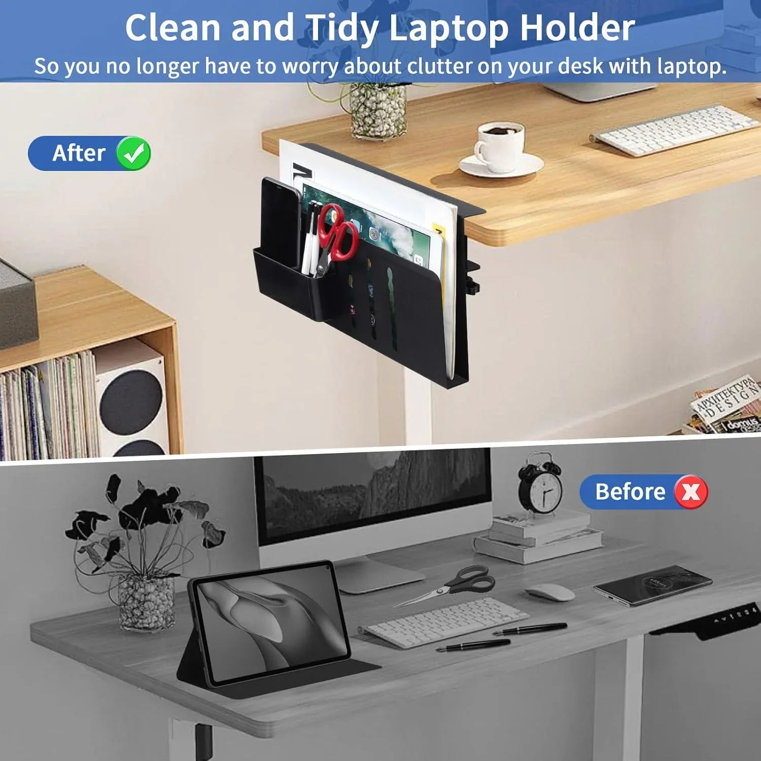 Under Desk Side Laptop Holder Storage with No Drill Cable Management Tray and Pen Storage for Office and Home - Mekamart Australia