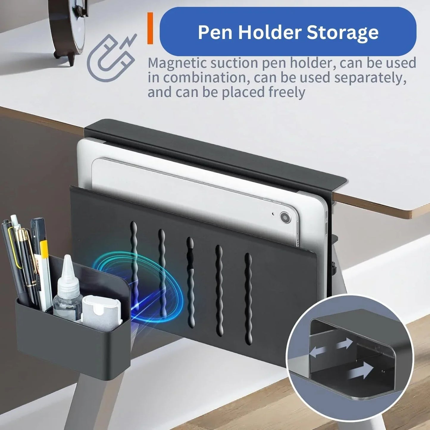 Under Desk Side Laptop Holder Storage with No Drill Cable Management Tray and Pen Storage for Office and Home - Mekamart Australia