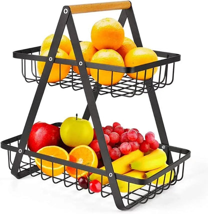 CARLA HOME 2-Tier Fruit Basket Stand for Kitchen Countertop for Fruits, Vegetables, Bread & Snacks with Wooden Handle - Mekamart Australia