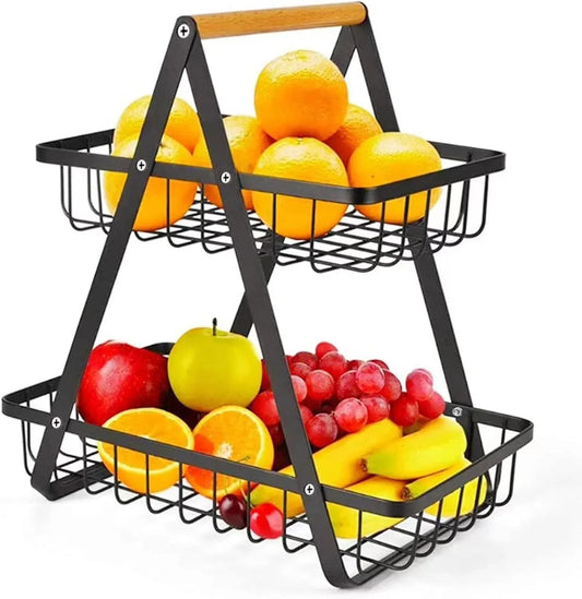 CARLA HOME 2-Tier Fruit Basket Stand for Kitchen Countertop for Fruits, Vegetables, Bread & Snacks with Wooden Handle - Mekamart Australia