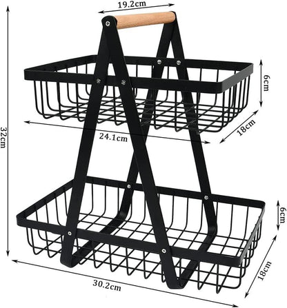 CARLA HOME 2-Tier Fruit Basket Stand for Kitchen Countertop for Fruits, Vegetables, Bread & Snacks with Wooden Handle - Mekamart Australia