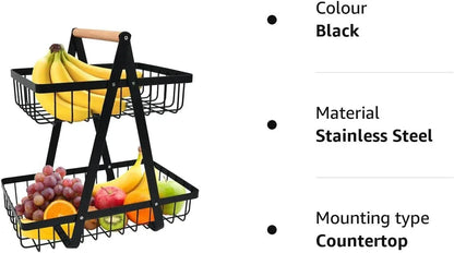 CARLA HOME 2-Tier Fruit Basket Stand for Kitchen Countertop for Fruits, Vegetables, Bread & Snacks with Wooden Handle - Mekamart Australia