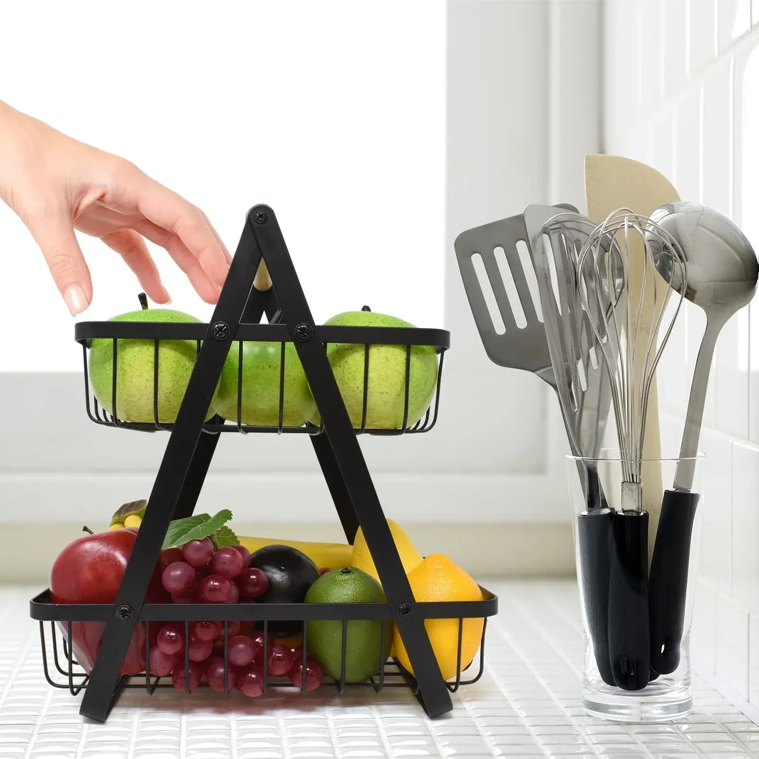 CARLA HOME 2-Tier Fruit Basket Stand for Kitchen Countertop for Fruits, Vegetables, Bread & Snacks with Wooden Handle - Mekamart Australia