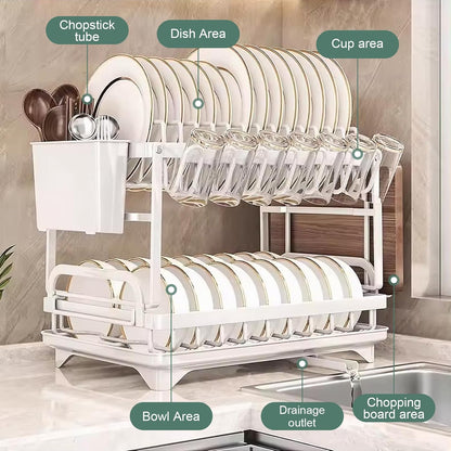 CARLA HOME 2-Tier Dish Drying Rack with Drainage Tray, Utensil Holder, Cup Hooks & Cutting Board Slot for Countertop Kitchen Storage (White)