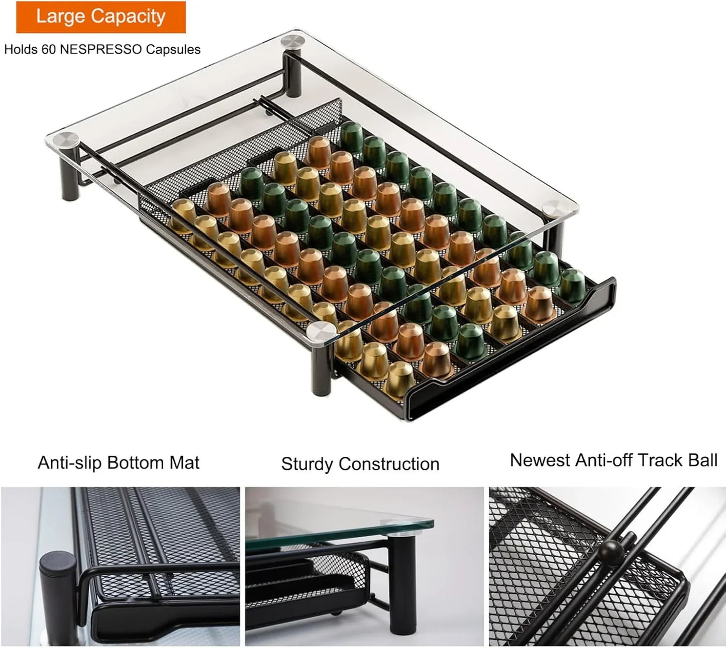 CARLA HOME 60 Coffee Pod Holder Drawer with Tempered Glass Capsule Organizer for Nespresso Pods and Sliding Drawer for Kitchen Countertop - Mekamart Australia