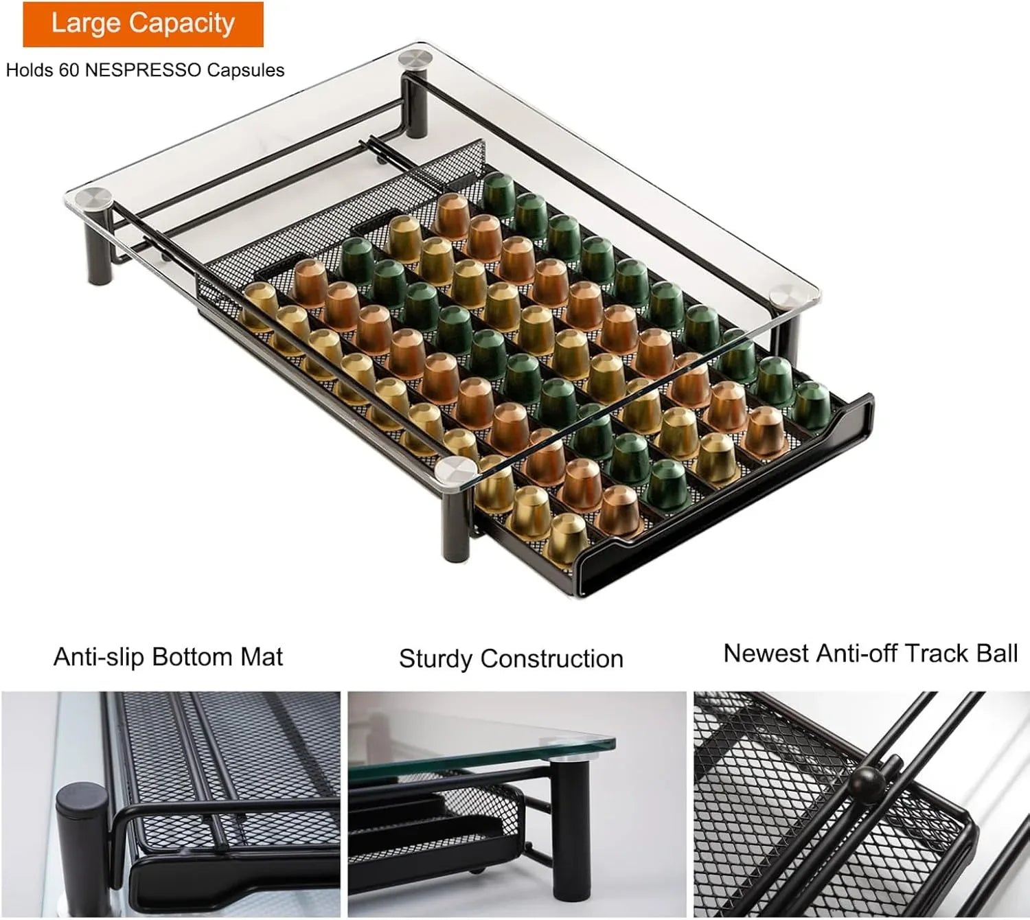 CARLA HOME 60 Coffee Pod Holder Drawer with Tempered Glass Capsule Organizer for Nespresso Pods and Sliding Drawer for Kitchen Countertop - Mekamart Australia