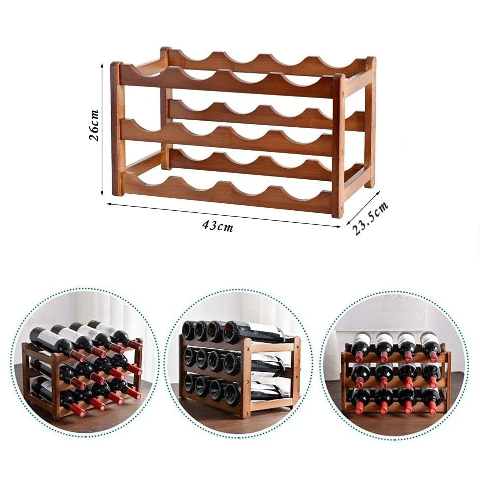 3-layer Bamboo Wine Storage Rack (12 bottles) - Mekamart Australia