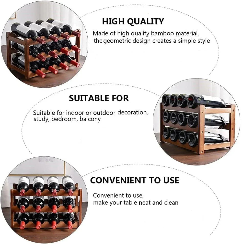 3-layer Bamboo Wine Storage Rack (12 bottles) - Mekamart Australia