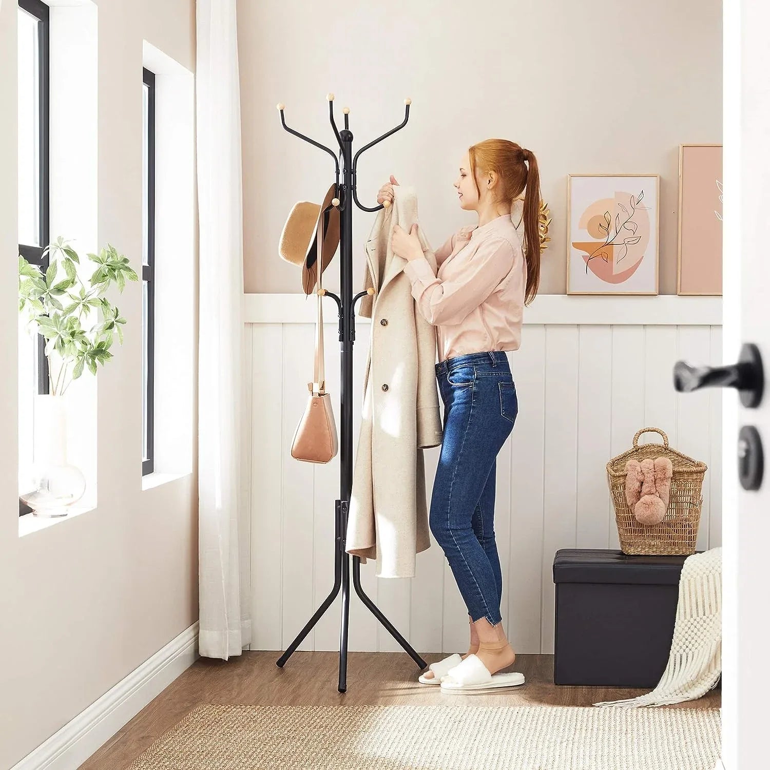 Metal Coat Rack Stand Hat Hanger, Black, 182cm - Mekamart Australia
