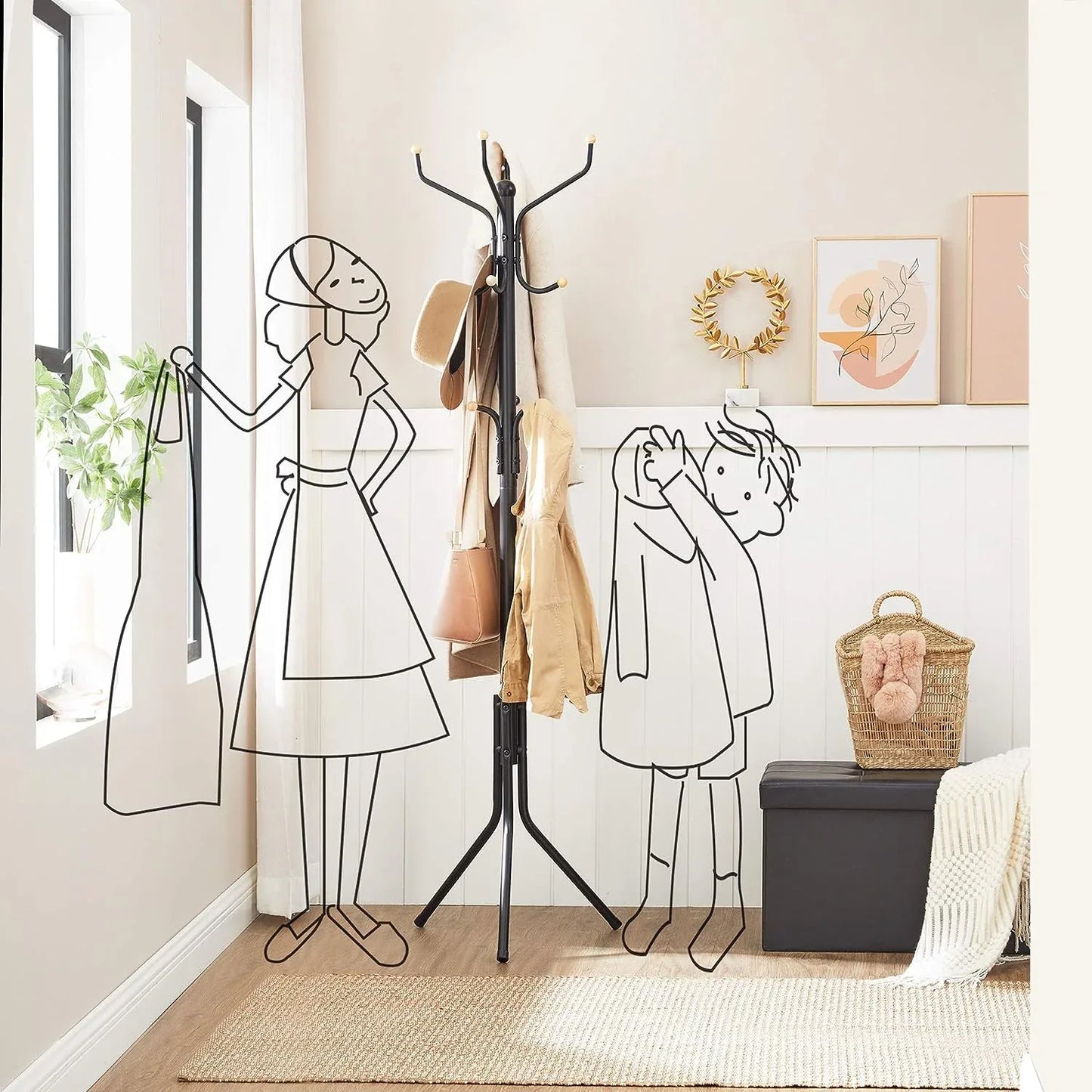 Metal Coat Rack Stand Hat Hanger, Black, 182cm - Mekamart Australia