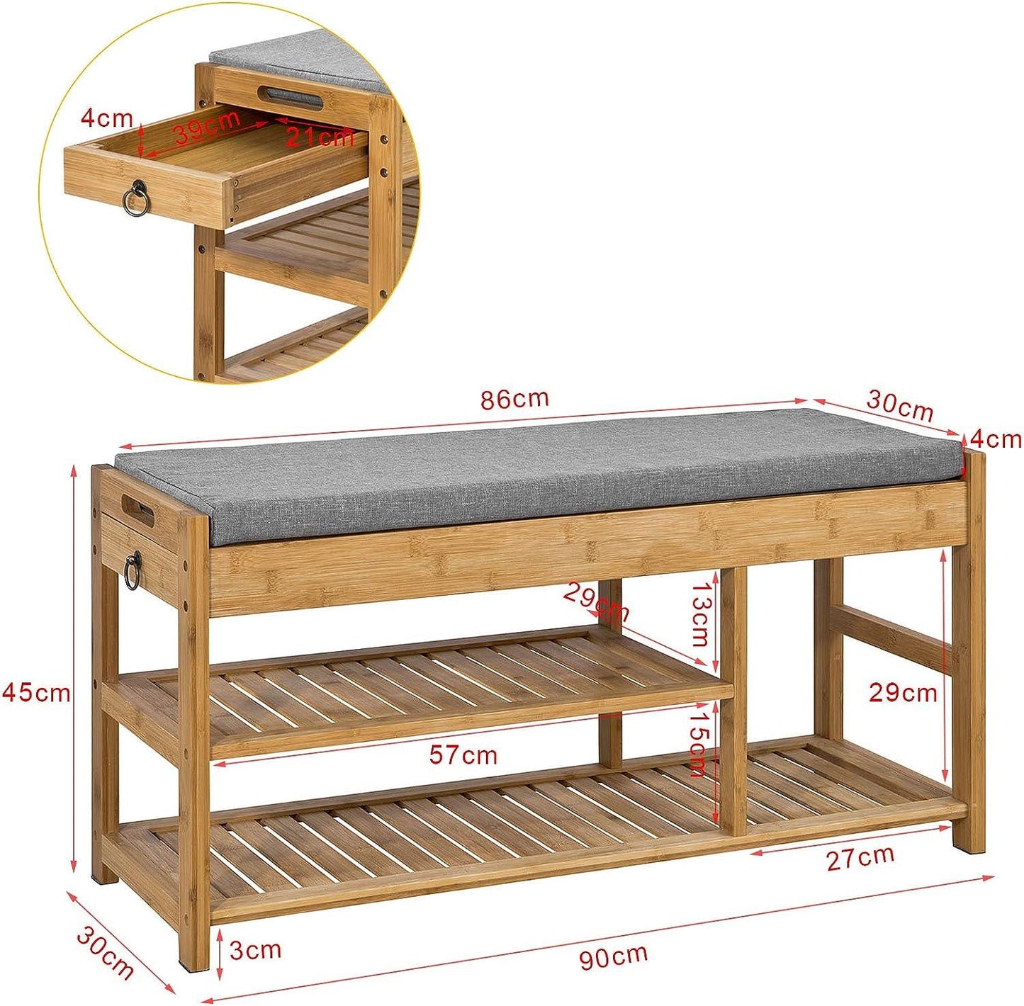 Bamboo Shoe Bench Drawers Lift Top - Mekamart Australia