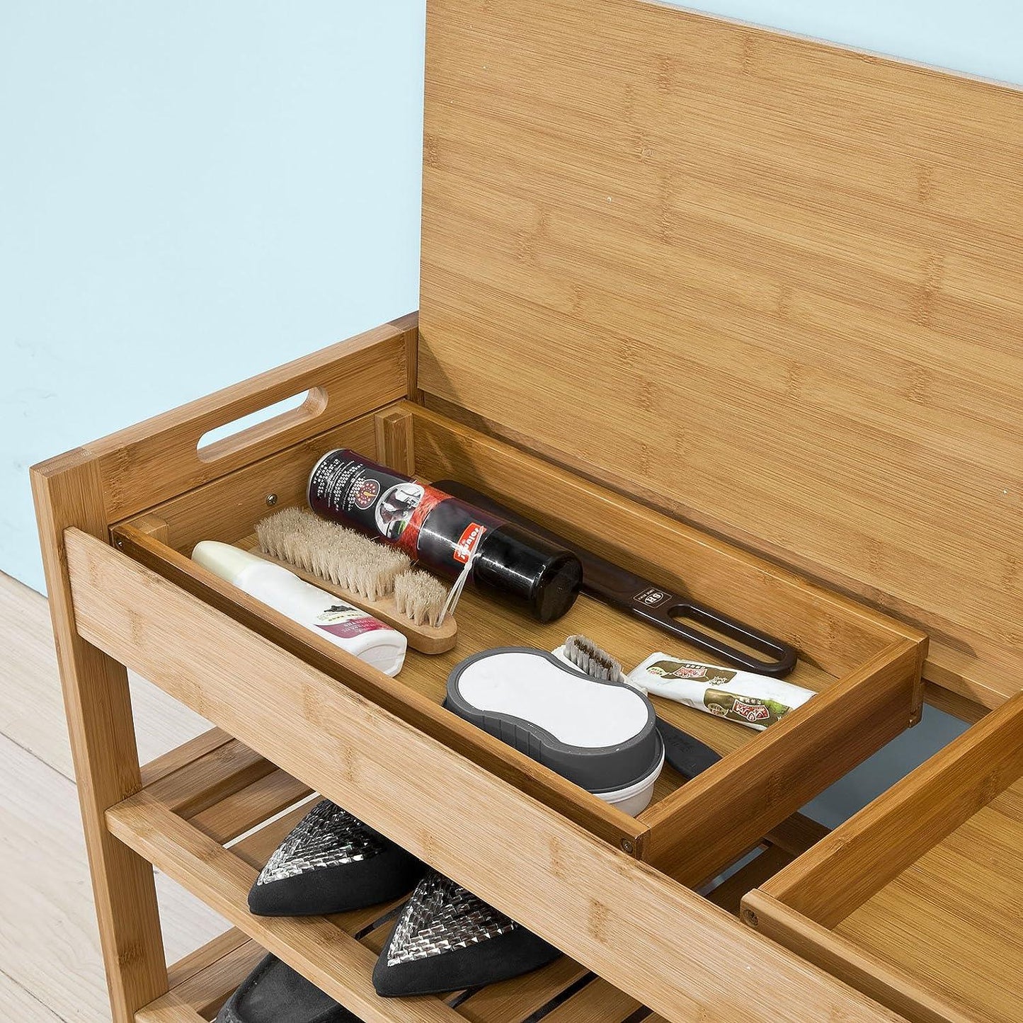 Bamboo Shoe Bench Drawers Lift Top - Mekamart Australia