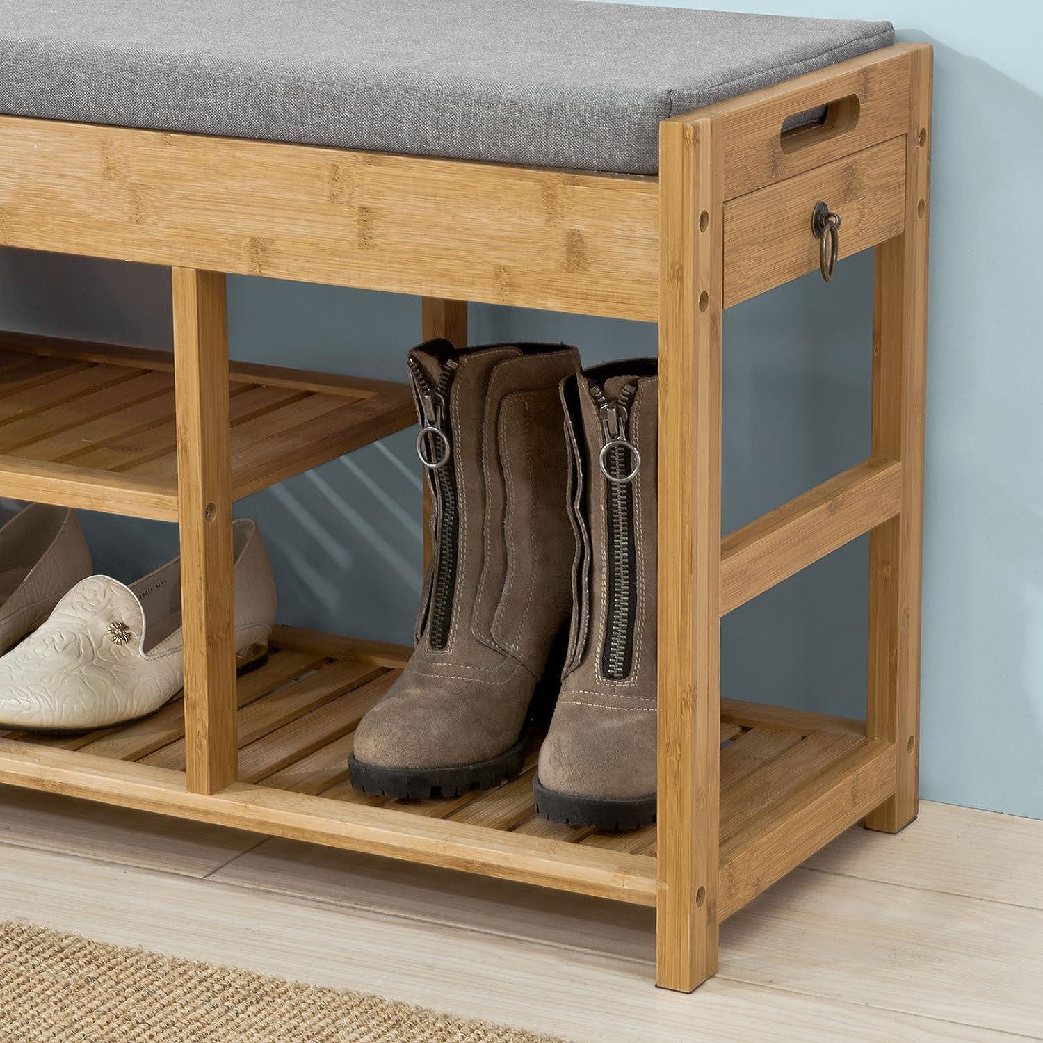 Bamboo Shoe Bench Drawers Lift Top - Mekamart Australia