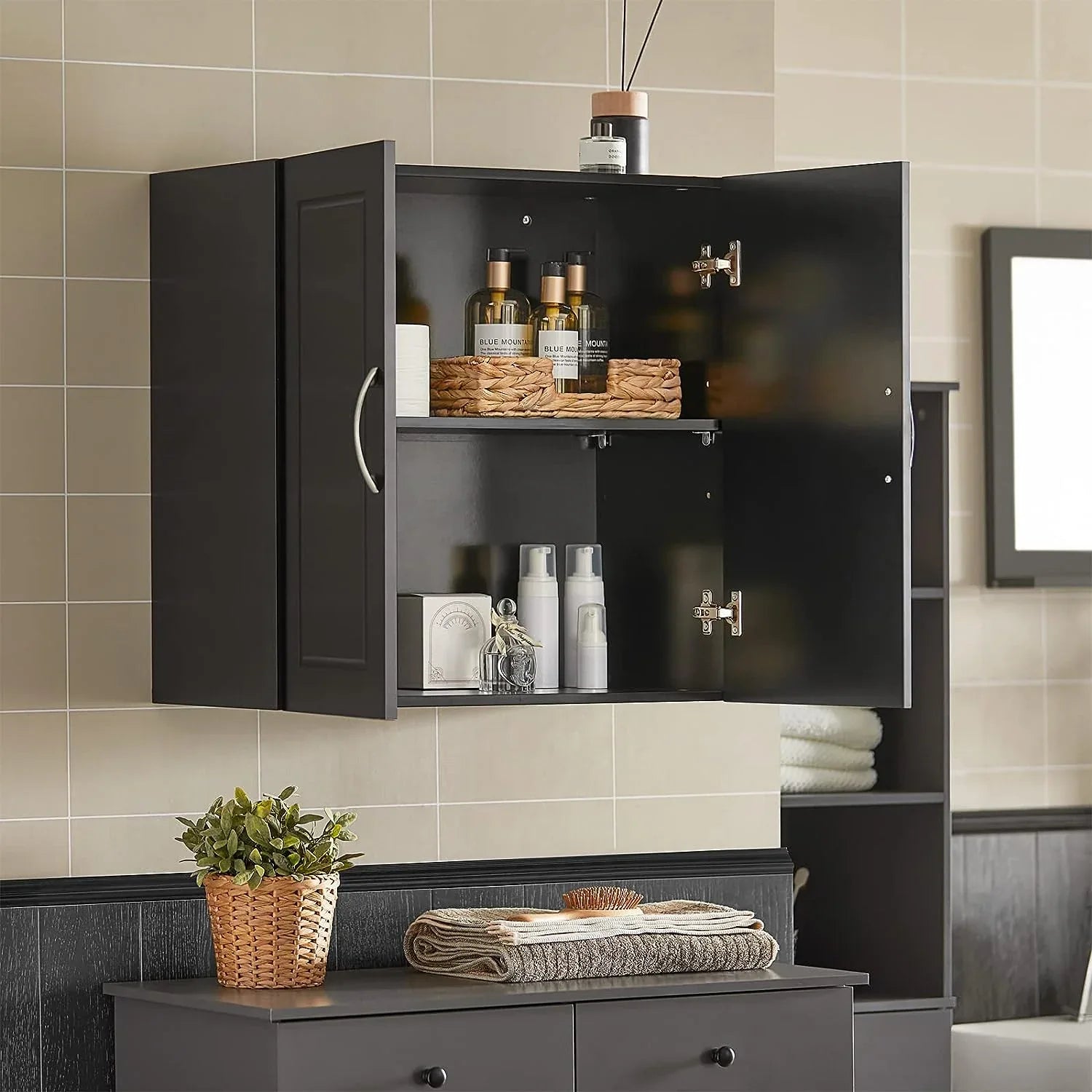 Wall Storage Cabinet Double Doors, Black - Mekamart Australia
