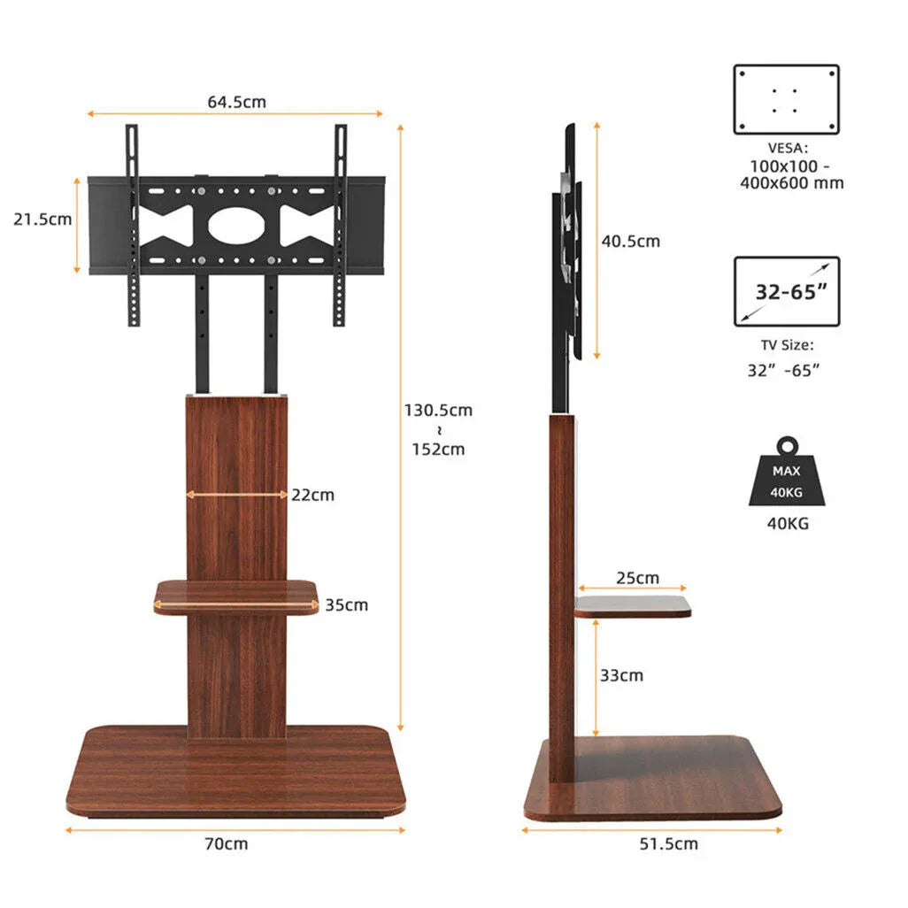 Heavy Duty TV Floor Stand Adjustable Mount 65 Black Brown - Mekamart Australia