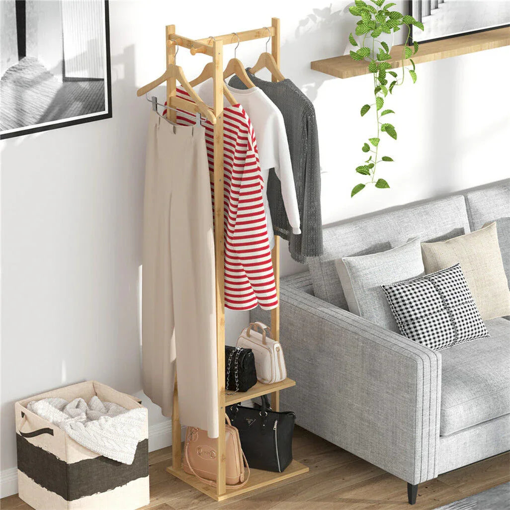 Bamboo Coat & Hat Rack Stand Shoe Shelf Thicken Wooden Hanger - Mekamart Australia
