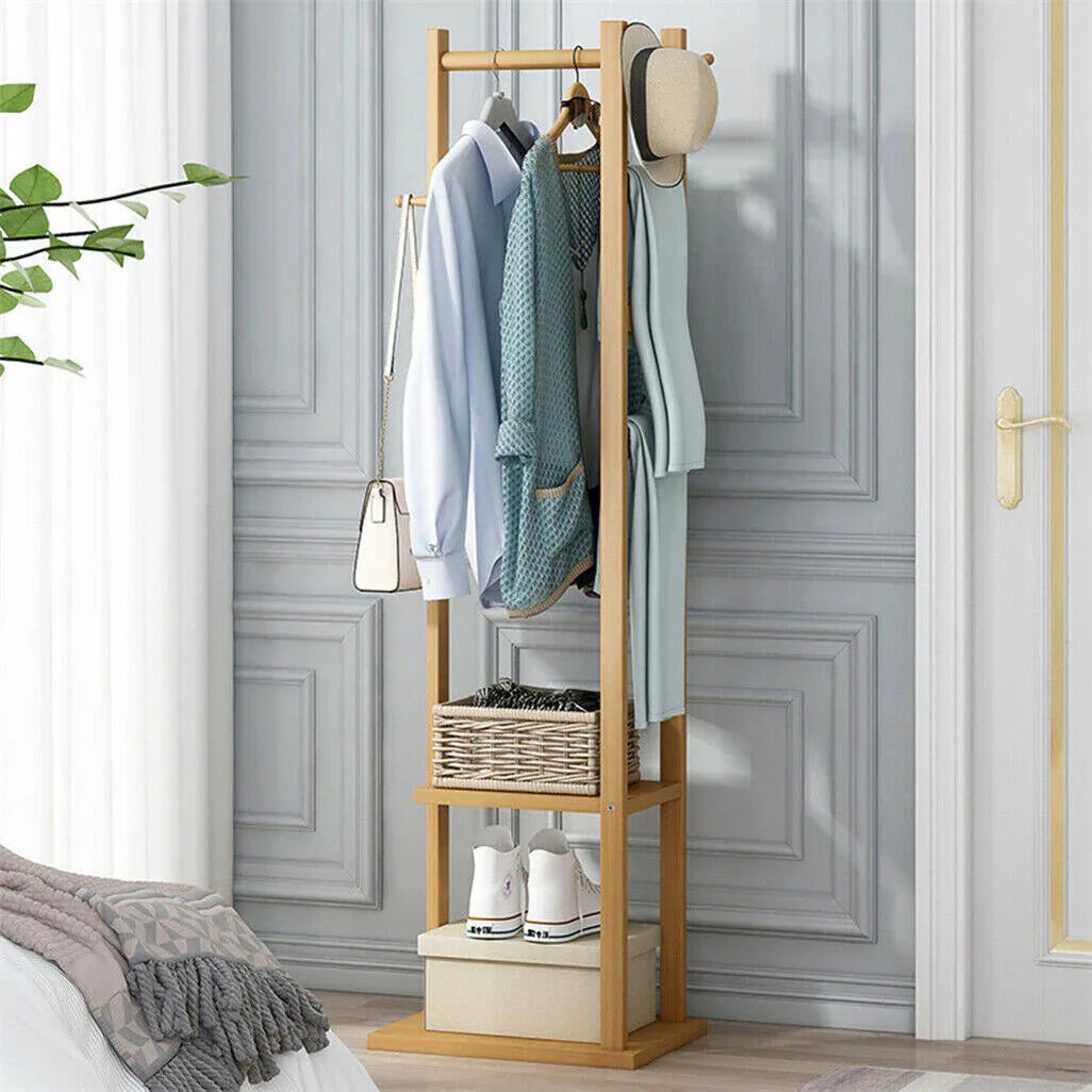 Bamboo Coat & Hat Rack Stand Shoe Shelf Thicken Wooden Hanger - Mekamart Australia
