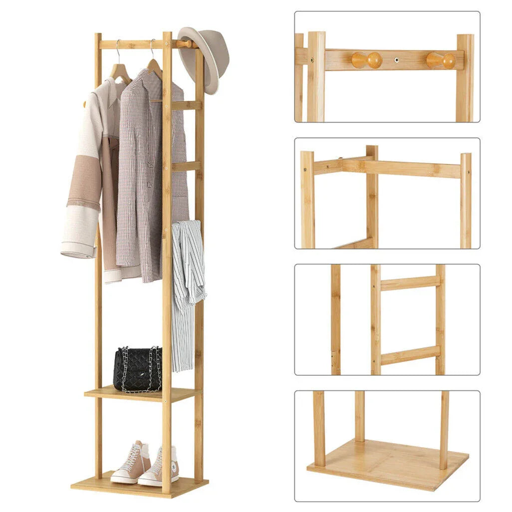 Bamboo Coat & Hat Rack Stand Shoe Shelf Thicken Wooden Hanger - Mekamart Australia