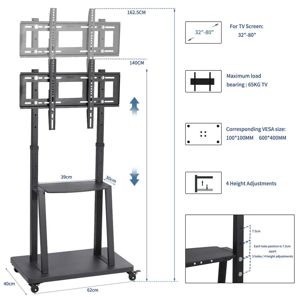 32-80 Rolling TV Stand with 2-Tier Shelf Adjustable Mount - Mekamart Australia