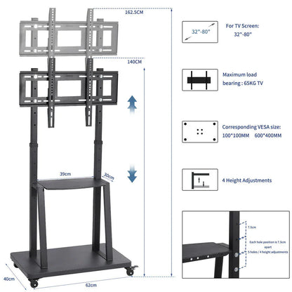 32-80 Rolling TV Stand with 2-Tier Shelf Adjustable Mount - Mekamart Australia
