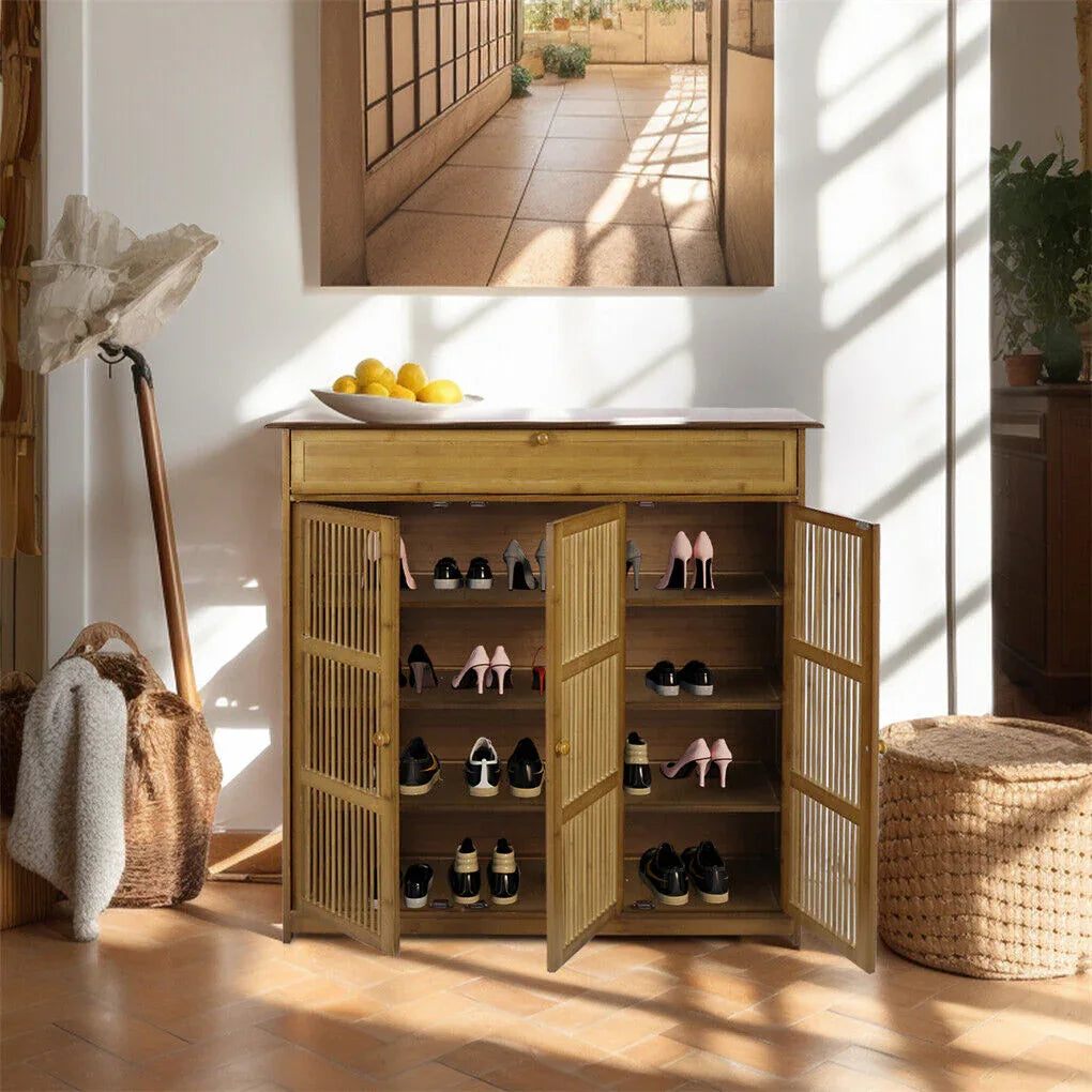 XXL 4-Tier Bamboo Shoe Rack Cabinet with Doors, Drawers - Mekamart Australia