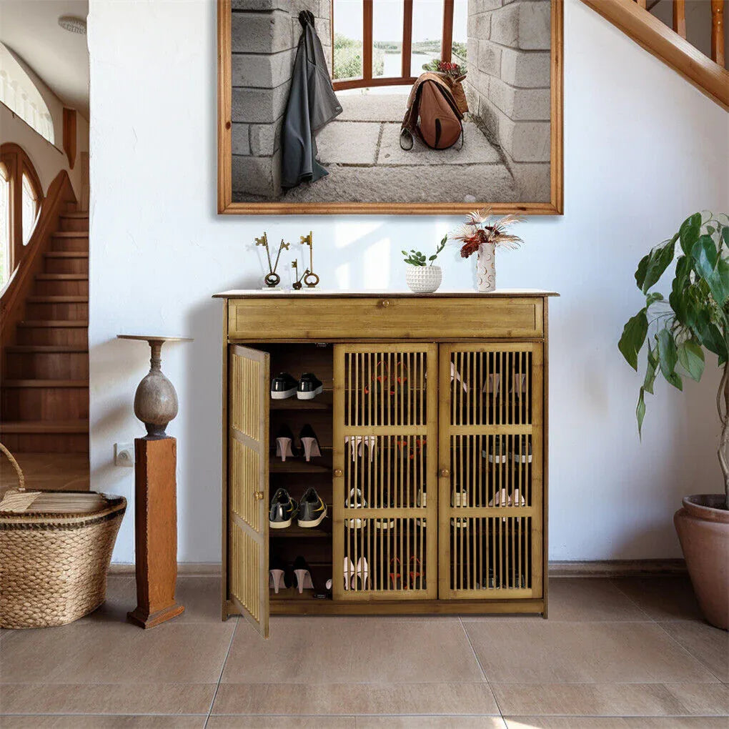 XXL 4-Tier Bamboo Shoe Rack Cabinet with Doors, Drawers - Mekamart Australia