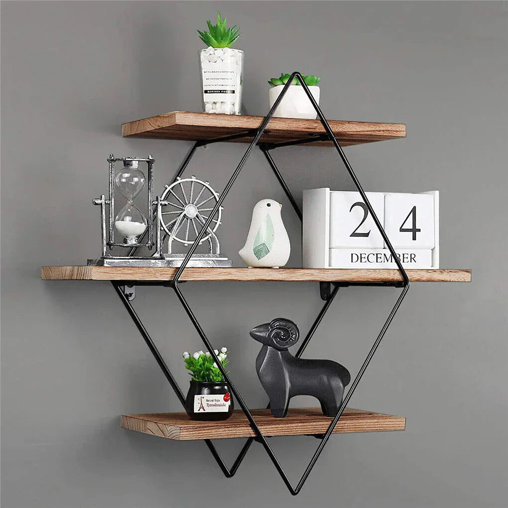 3-Tier Rustic Floating Wall Shelves Wood Display Books - Mekamart Australia