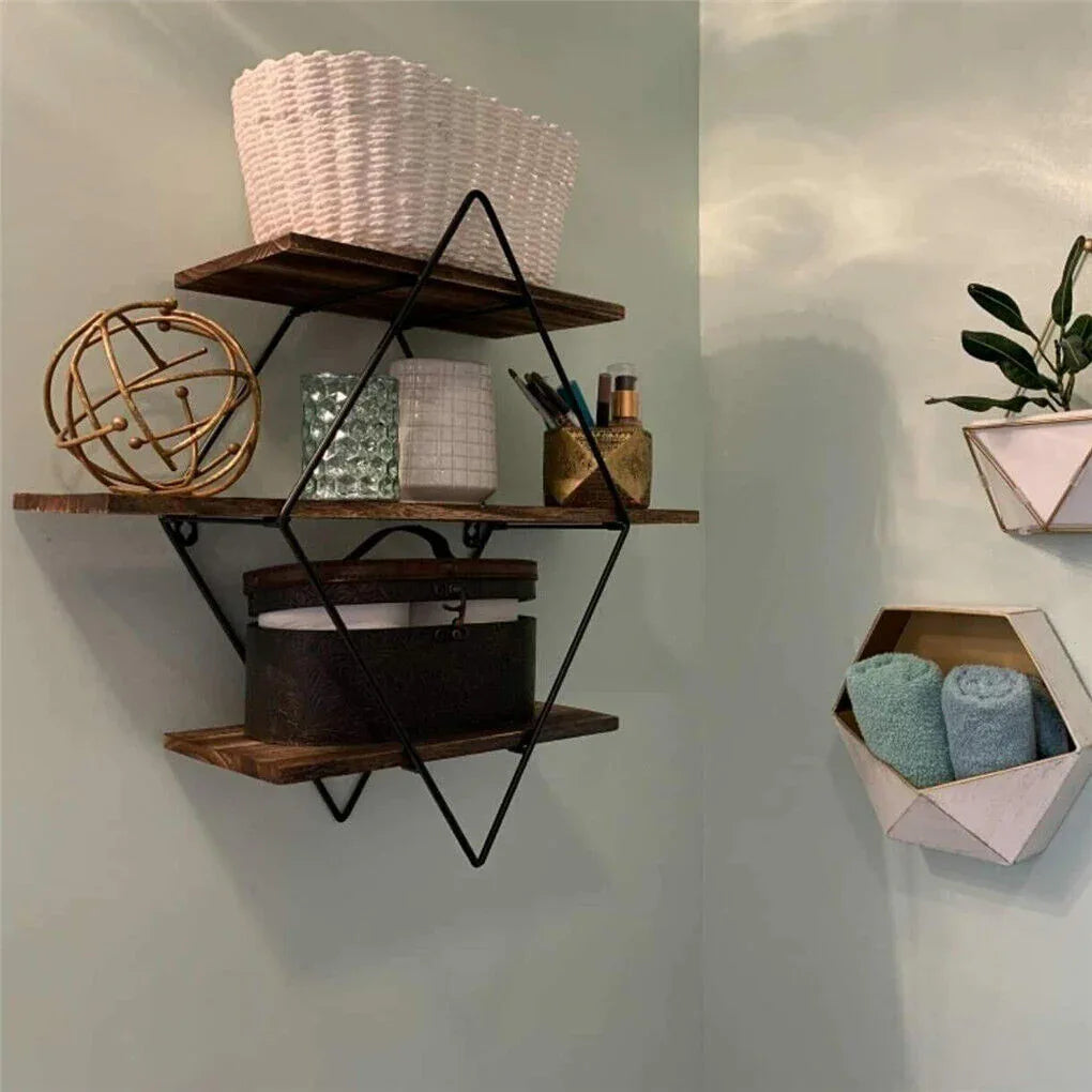 3-Tier Rustic Floating Wall Shelves Wood Display Books - Mekamart Australia