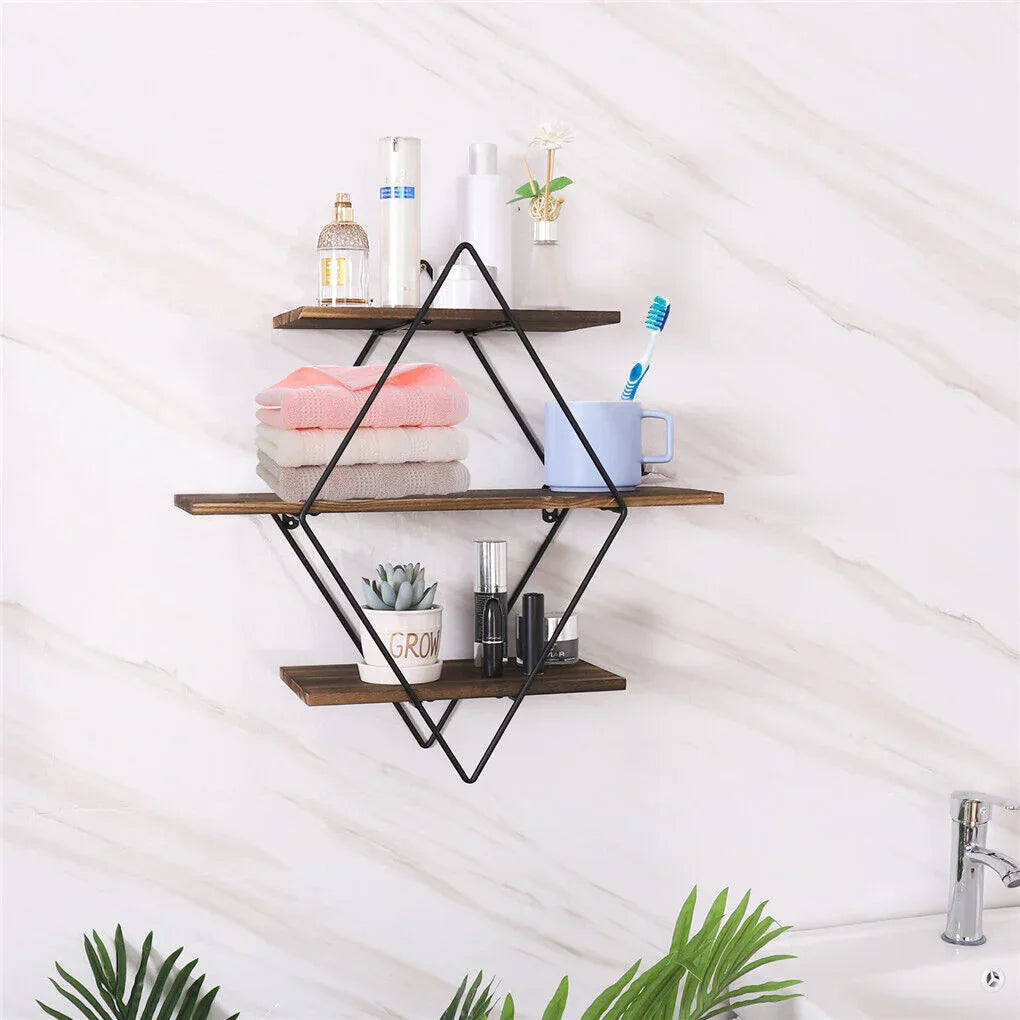 3-Tier Rustic Floating Wall Shelves Wood Display Books - Mekamart Australia