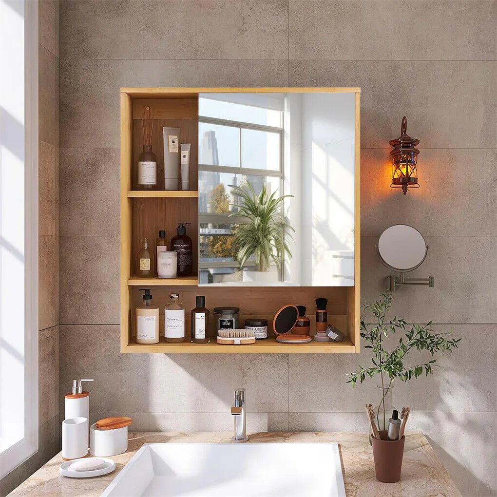 Bamboo Wall Medicine Cabinet Mirror 55.5cm 5 Shelf - Mekamart Australia