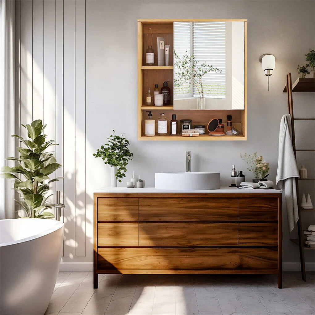 Bamboo Wall Medicine Cabinet Mirror 55.5cm 5 Shelf - Mekamart Australia
