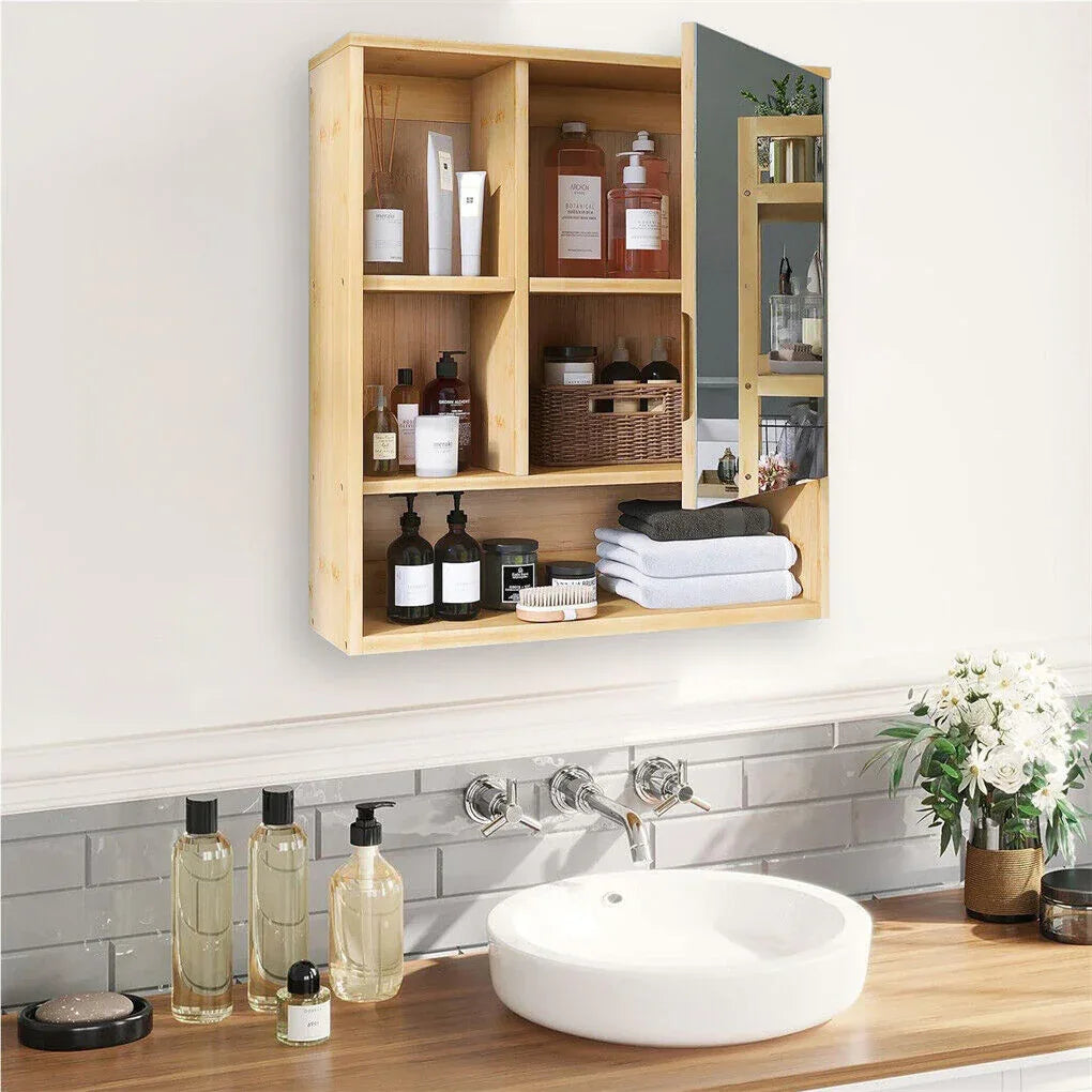 Bamboo Wall Medicine Cabinet Mirror 55.5cm 5 Shelf - Mekamart Australia