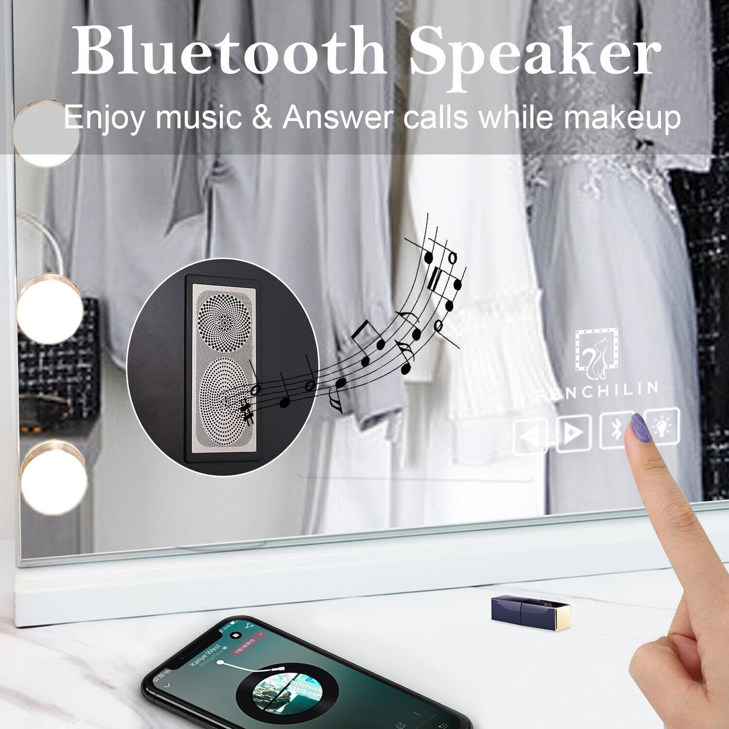 Hollywood LED Vanity Mirror Bluetooth Rectangle White Silver
