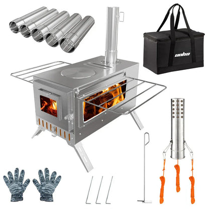 Stainless Steel Wood Burning Stove 1 Burner Camping BBQ with Chimney - Mekamart Australia