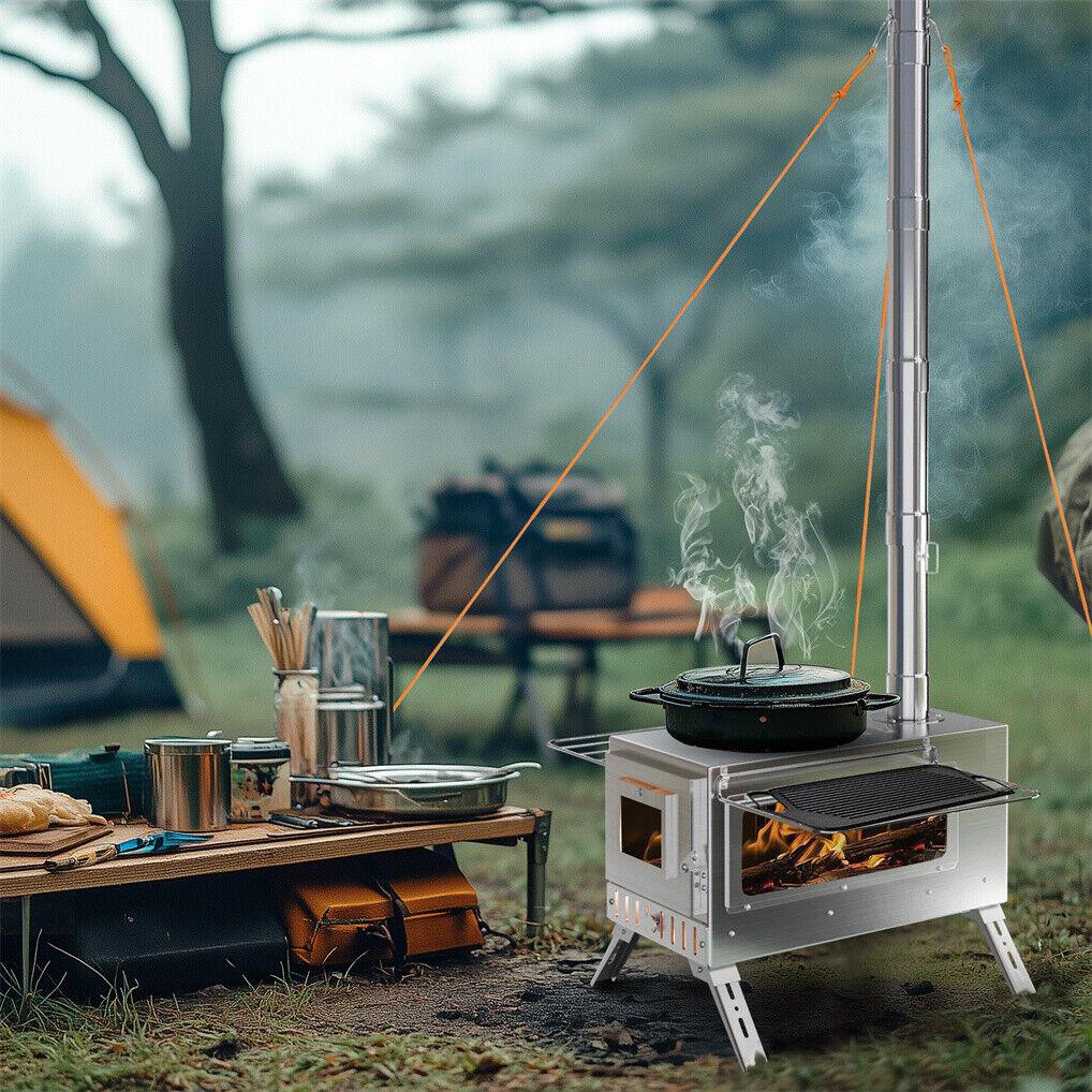 Stainless Steel Wood Burning Stove 1 Burner Camping BBQ with Chimney - Mekamart Australia
