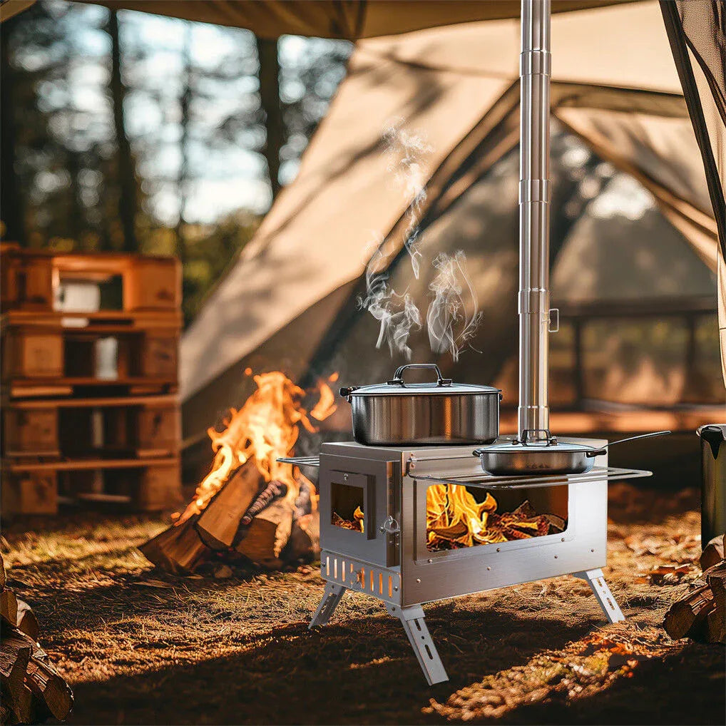 Stainless Steel Wood Burning Stove 1 Burner Camping BBQ with Chimney - Mekamart Australia