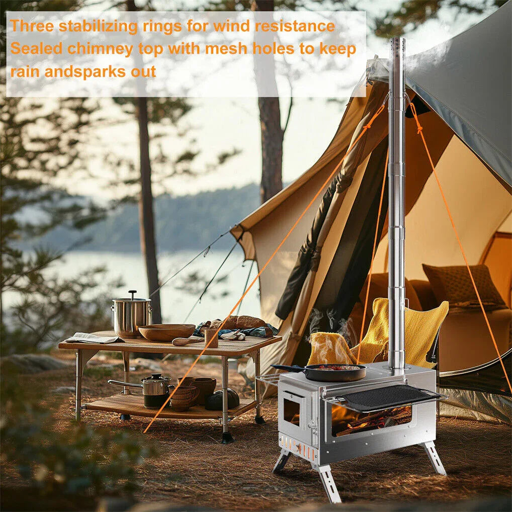 Stainless Steel Wood Burner Stove for Camping w/ Chimney & Bag - Mekamart Australia