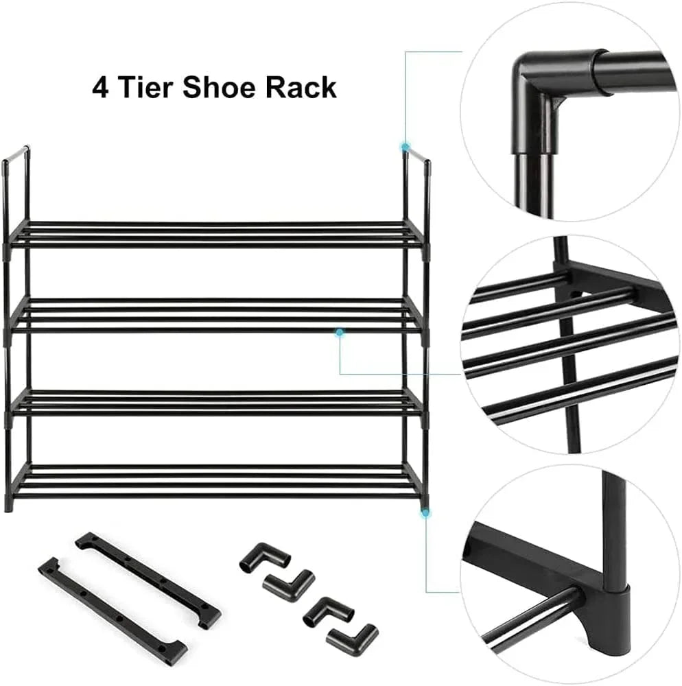 4-Tier Stainless Steel Shoe Rack Storage Organizer to Hold up to 15 Pairs of Shoes (55cm, Black) - Mekamart Australia