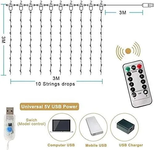 300 LEDs Window Curtain Fairy Lights 8 Modes and Remote Control for Bedroom (Warm White, 300 x 300cm) - Mekamart Australia