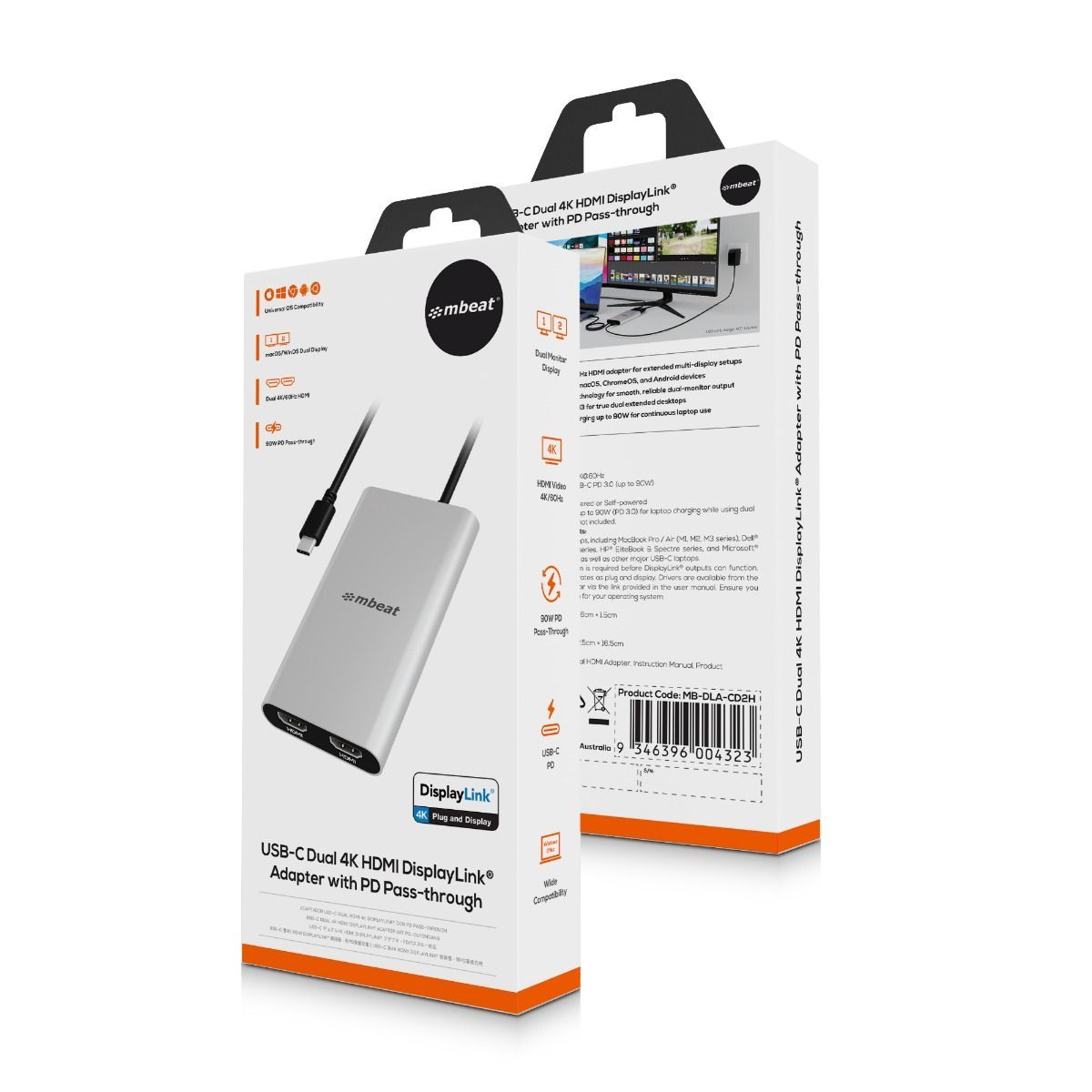 mbeat USB-C Dual 4K HDMI DisplayLink® Adapter with PD Pass-through