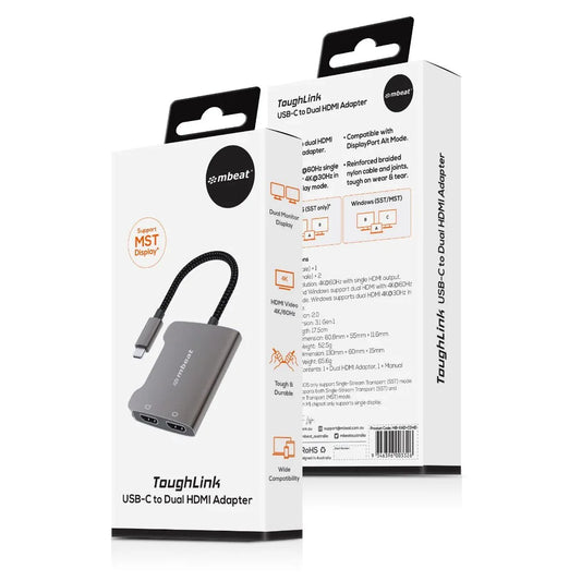 mbeat Tough Link USB-C to Dual 4K HDMI Adapter - Space Grey - Mekamart Australia