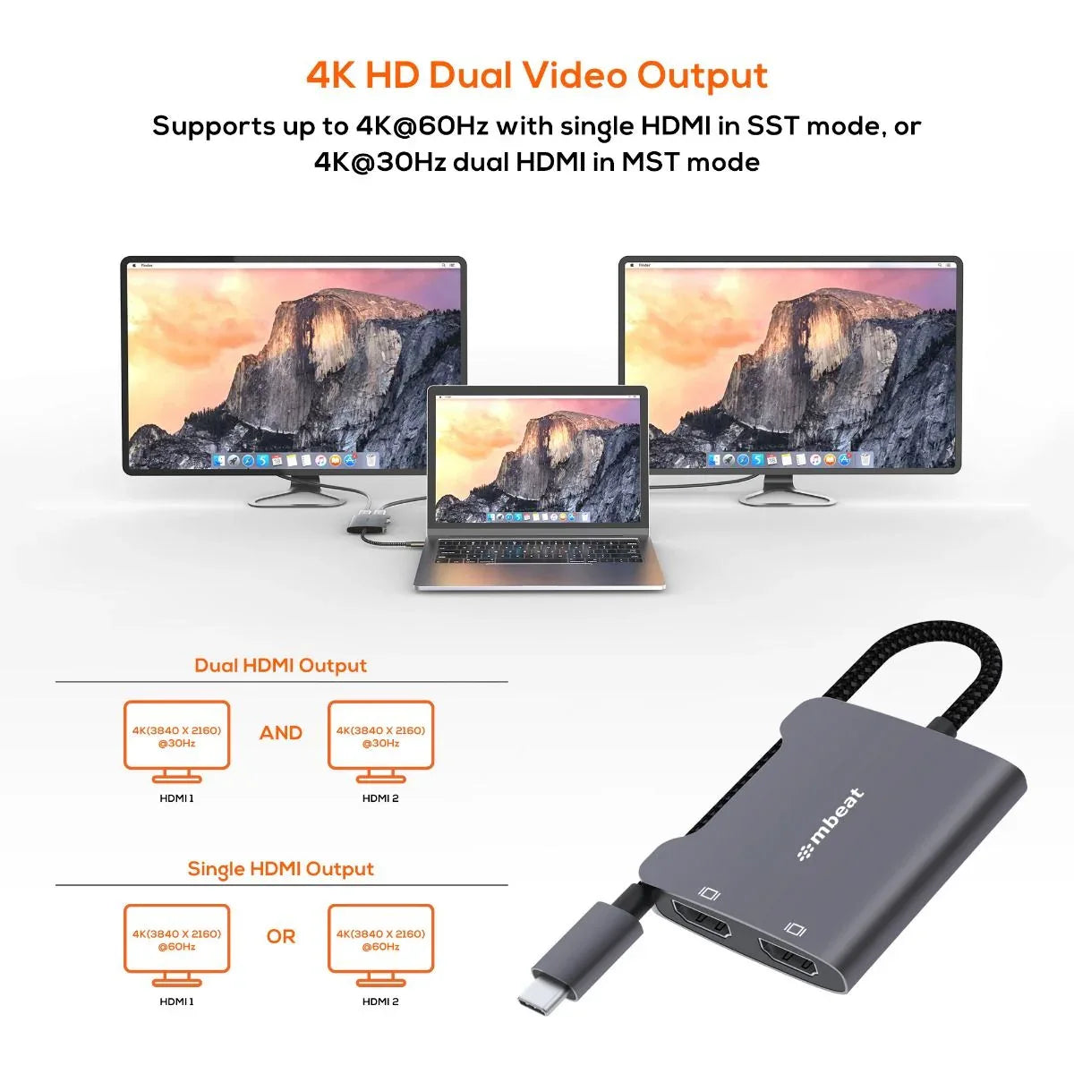 mbeat Tough Link USB-C to Dual 4K HDMI Adapter - Space Grey - Mekamart Australia