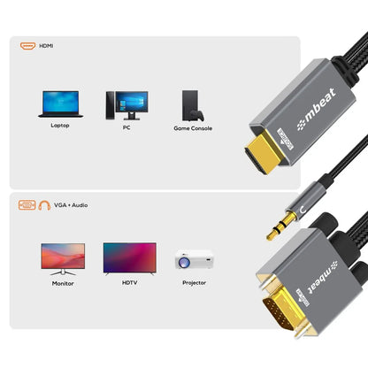 mbeat Tough Link 1.8m HDMI to VGA Cable with USB Power & 3.5mm Audio - Mekamart Australia