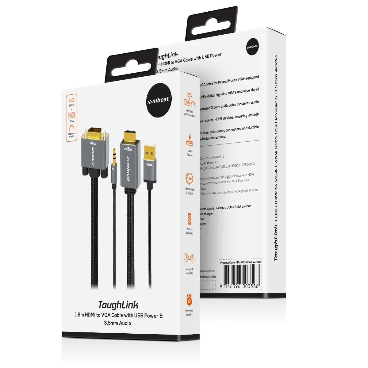 mbeat Tough Link 1.8m HDMI to VGA Cable with USB Power & 3.5mm Audio - Mekamart Australia