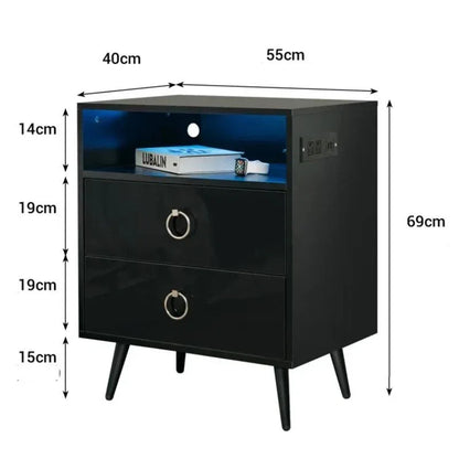 Amelia Modern LED Bedside table with USB and power socket black x 2 - Mekamart Australia