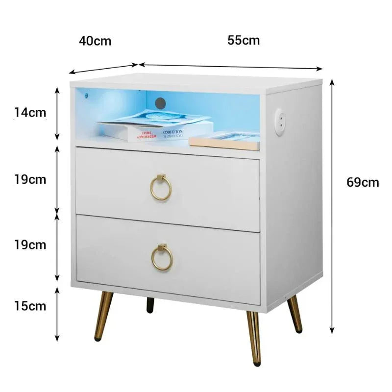 Amelia Modern LED Bedside table with USB and power socket White - Mekamart Australia