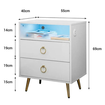 Amelia Modern LED Bedside table with USB and power socket White - Mekamart Australia